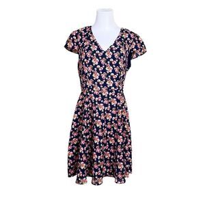 Betsey‎ Johnson Navy Floral Cap Sleeve Swing Dress Modern Feminine sz 12
